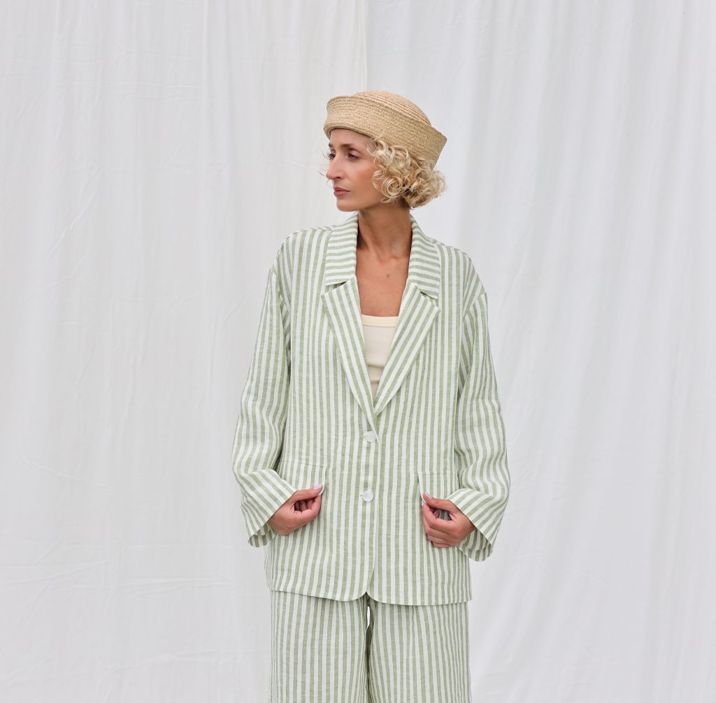 Oversized Striped Linen Blazer with Notch Lapels