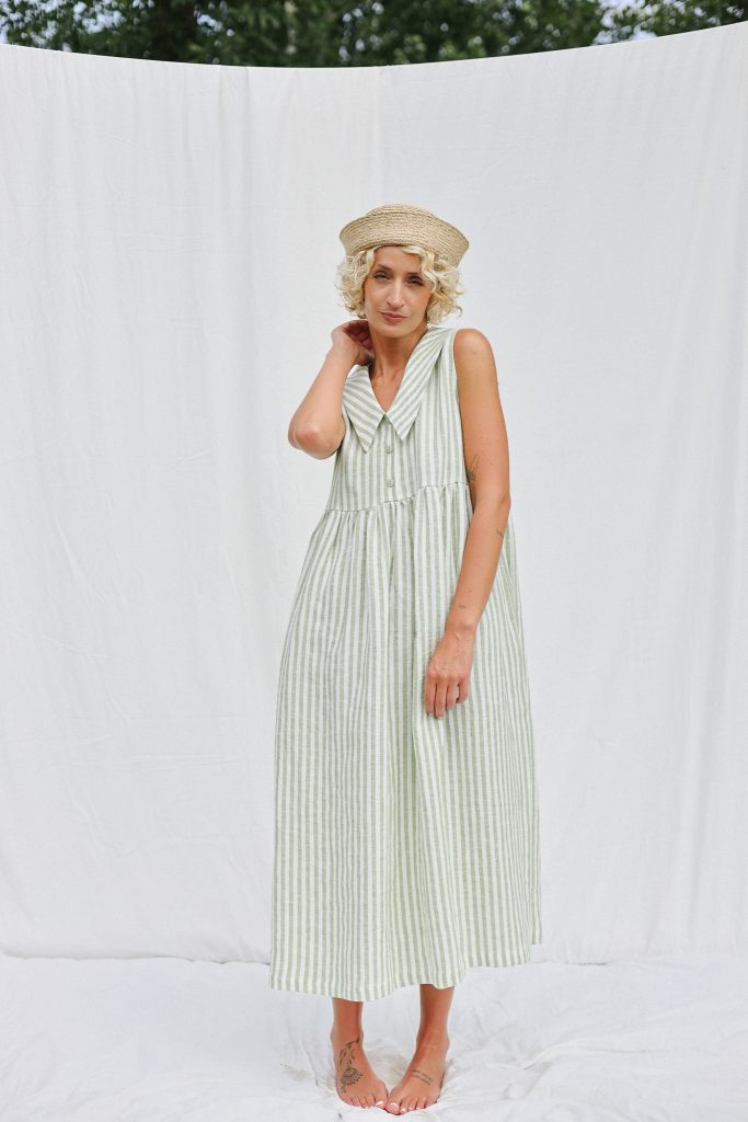 Sailor Collar Sleeveless Linen Dress BETTY in Stripes