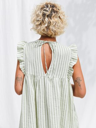 Flutter sleeves hand ruffled skirt striped linen dress AMANDA | Dress | Sustainable clothing | OffOn clothing