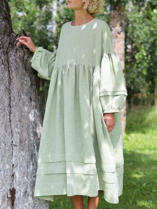 Oversized Linen Dress with Pleated Details in Leaf Green Melange | Dress | Sustainable clothing | OffOn clothing