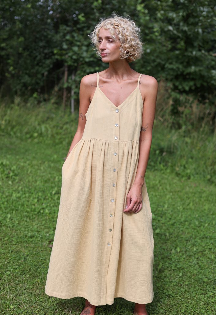 Adjustable Straps Double Gauze Cotton Dress in Pineapple Color