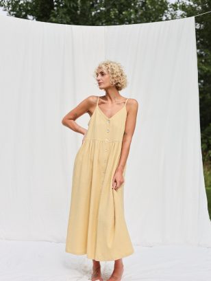 Adjustable Straps Double Gauze Cotton Dress in Pineapple Color | Dress | Sustainable clothing | OffOn clothing