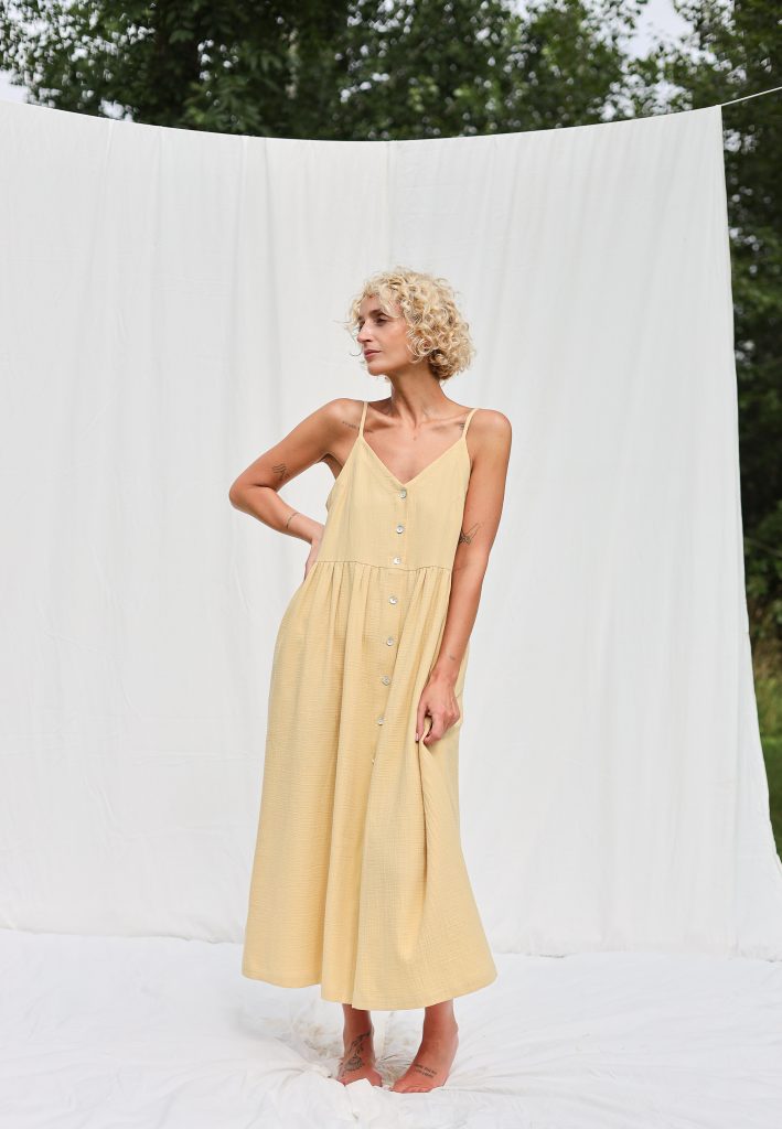 Adjustable Straps Double Gauze Cotton Dress in Pineapple Color | Dress | Sustainable clothing | OffOn clothing