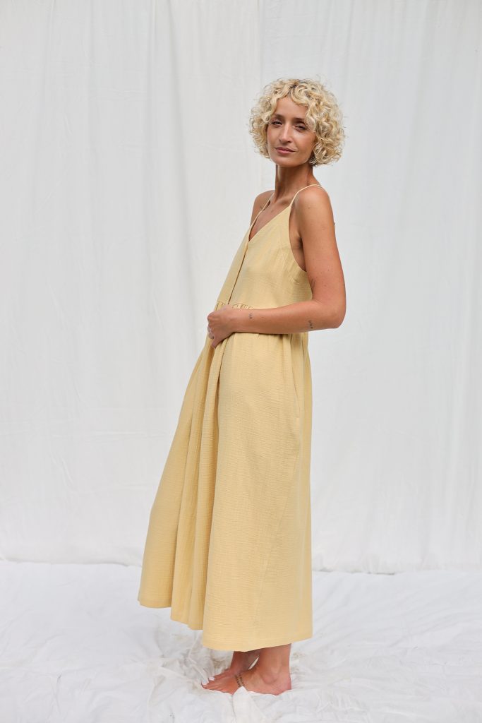 Adjustable Straps Double Gauze Cotton Dress in Pineapple Color