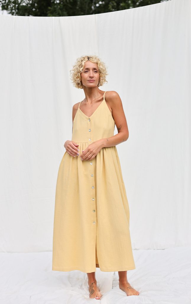 Adjustable Straps Double Gauze Cotton Dress in Pineapple Color