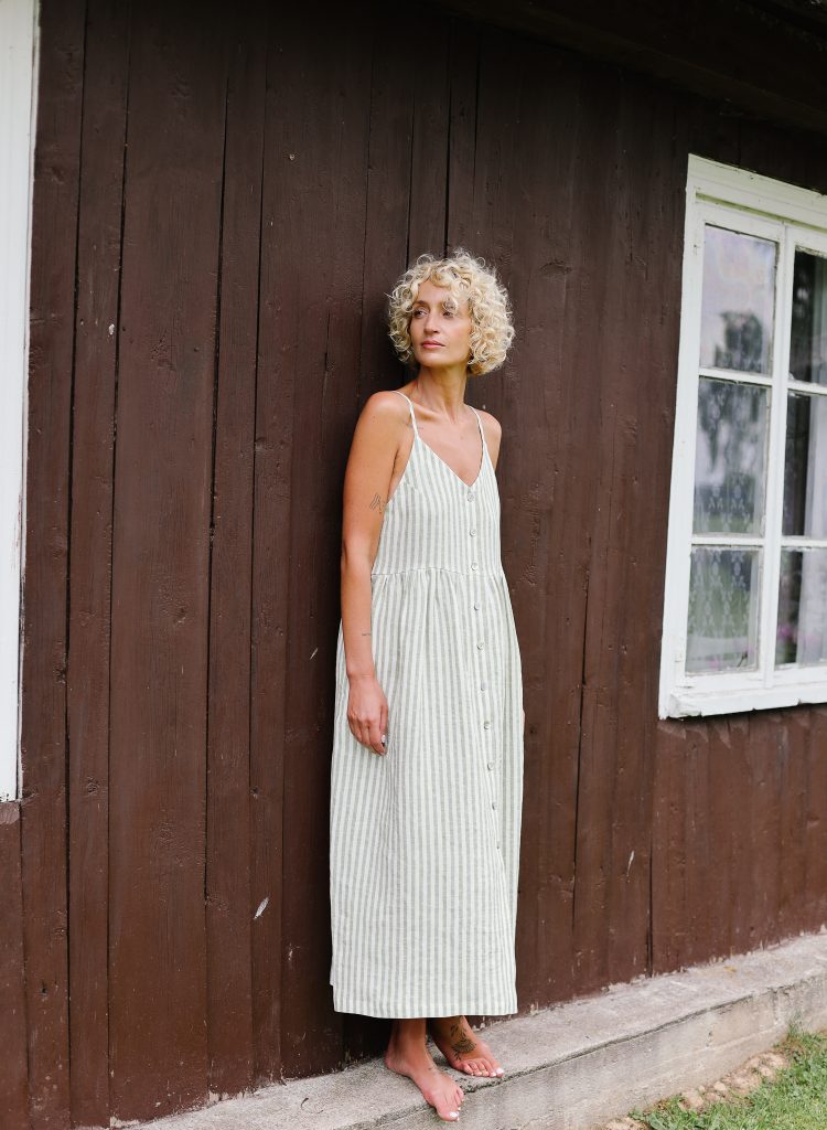Adjustable Straps Linen Dress in Leaf Green Stripes