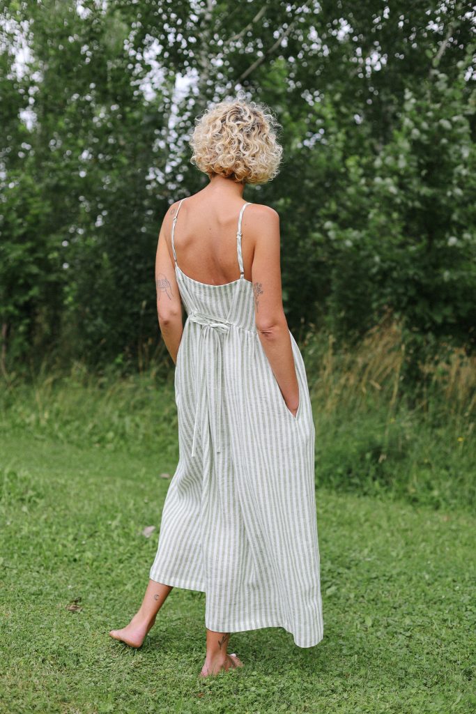 Adjustable Straps Linen Dress in Leaf Green Stripes