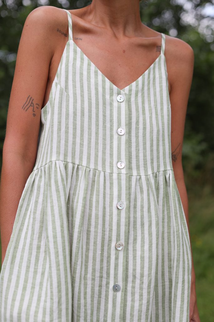 Adjustable Straps Linen Dress in Leaf Green Stripes