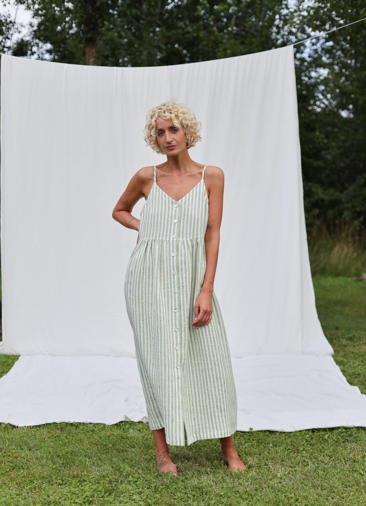 Adjustable Straps Linen Dress in Leaf Green Stripes