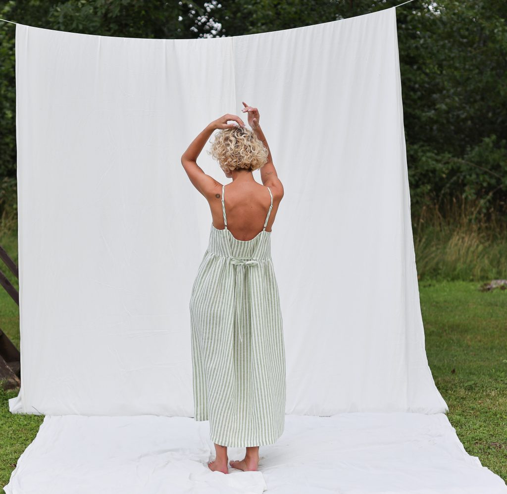 Adjustable Straps Linen Dress in Leaf Green Stripes