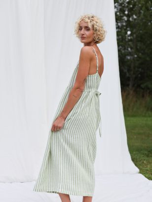 Adjustable Straps Linen Dress in Leaf Green Stripes | Dress | Sustainable clothing | OffOn clothing