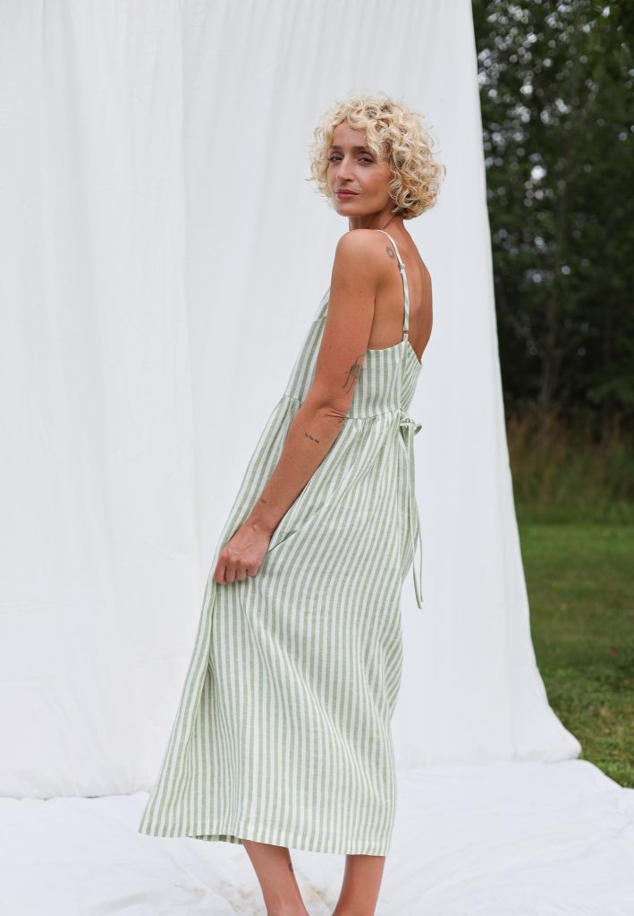 Adjustable Straps Linen Dress in Leaf Green Stripes | Dress | Sustainable clothing | OffOn clothing