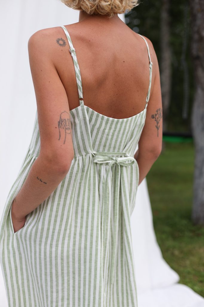 Adjustable Straps Linen Dress in Leaf Green Stripes