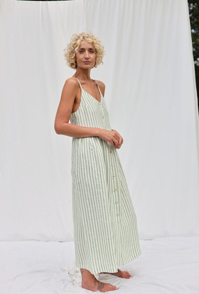 Adjustable Straps Linen Dress in Leaf Green Stripes