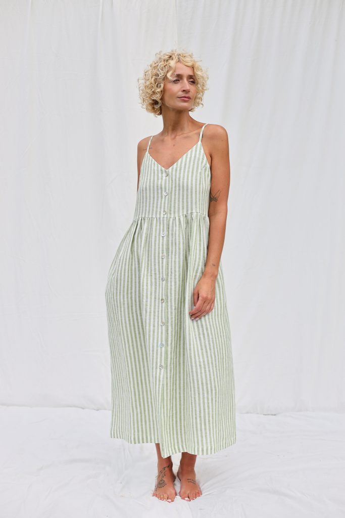 Adjustable Straps Linen Dress in Leaf Green Stripes