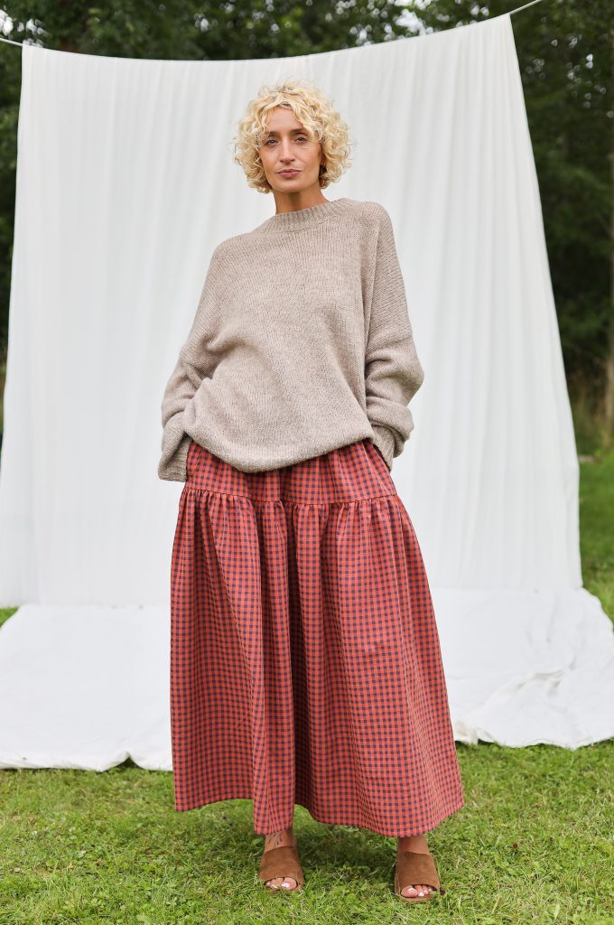 Elasticated Waist Maxi Skirt in Caramel Seersucker Checks
