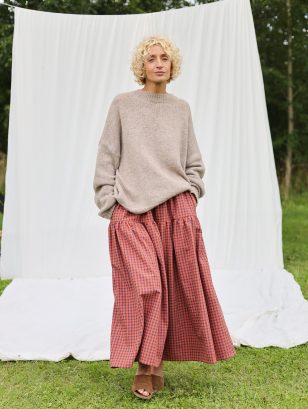 Elasticated Waist Maxi Skirt in Caramel Seersucker Checks | Skirt | Sustainable clothing | OffOn clothing