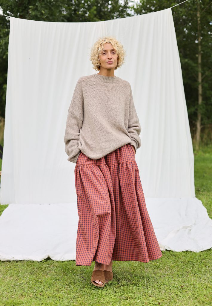 Elasticated Waist Maxi Skirt in Caramel Seersucker Checks | Skirt | Sustainable clothing | OffOn clothing