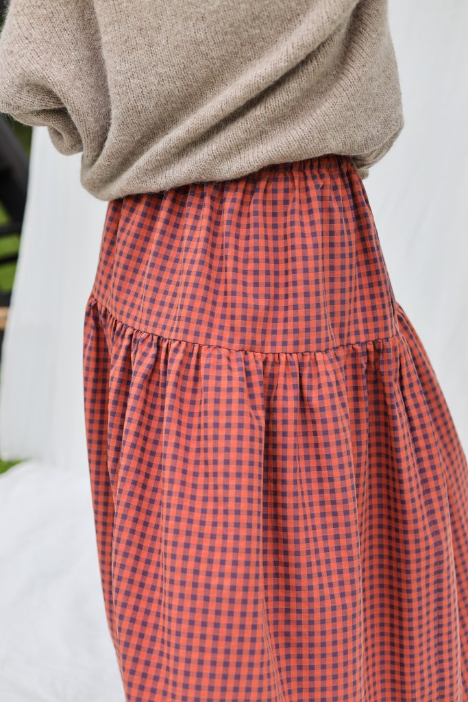 Elasticated Waist Maxi Skirt in Caramel Seersucker Checks