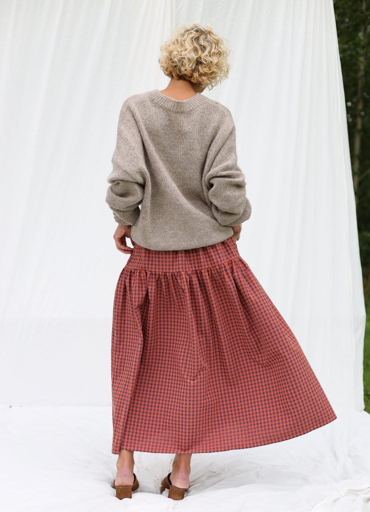 Elasticated Waist Maxi Skirt in Caramel Seersucker Checks