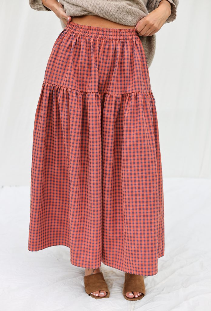 Elasticated Waist Maxi Skirt in Caramel Seersucker Checks