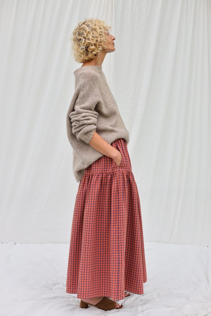 Elasticated Waist Maxi Skirt in Caramel Seersucker Checks