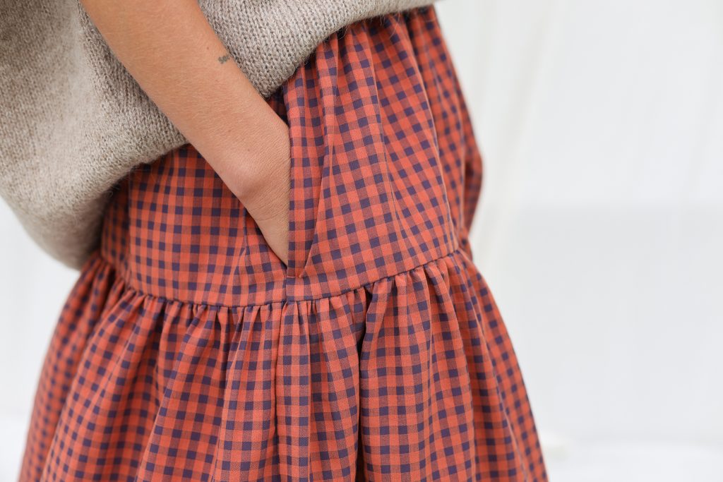 Elasticated Waist Maxi Skirt in Caramel Seersucker Checks