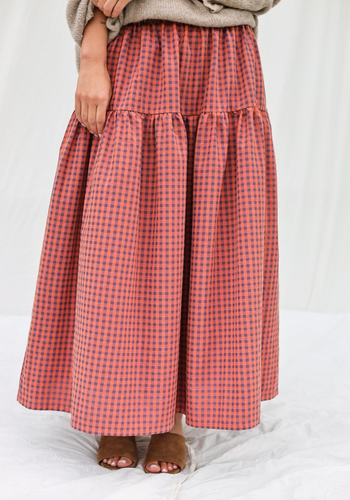 Elasticated Waist Maxi Skirt in Caramel Seersucker Checks
