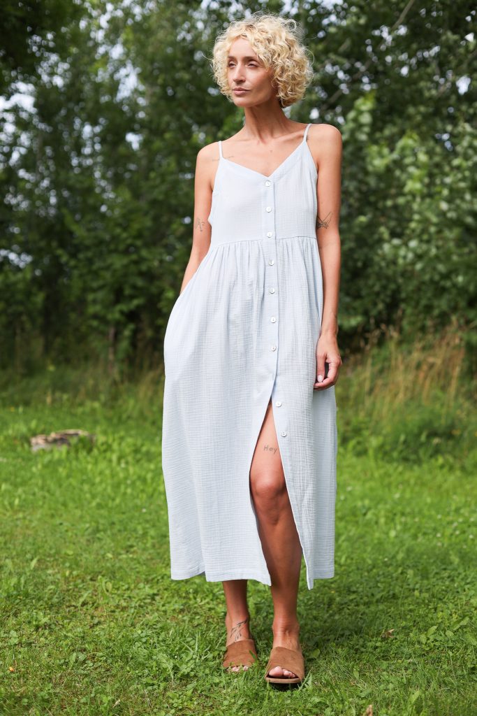 Adjustable Straps Double Gauze Cotton Dress in Country Air Blue Color
