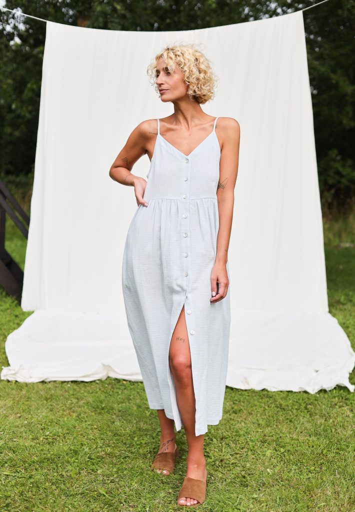 Adjustable Straps Double Gauze Cotton Dress in Country Air Blue Color | Dress | Sustainable clothing | OffOn clothing