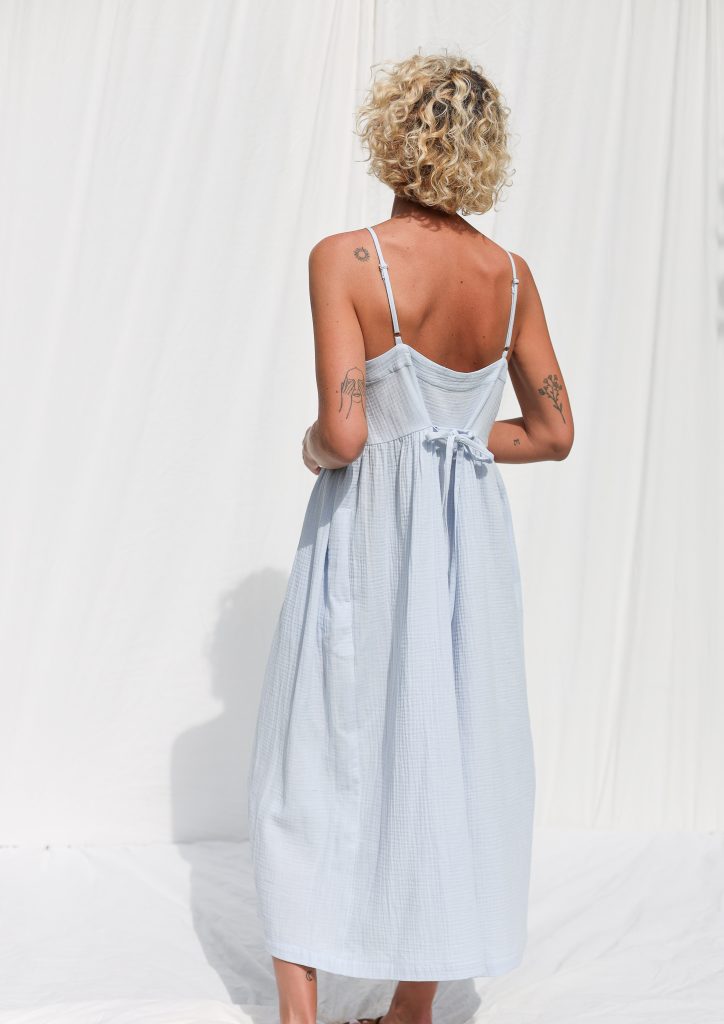 Adjustable Straps Double Gauze Cotton Dress in Country Air Blue Color