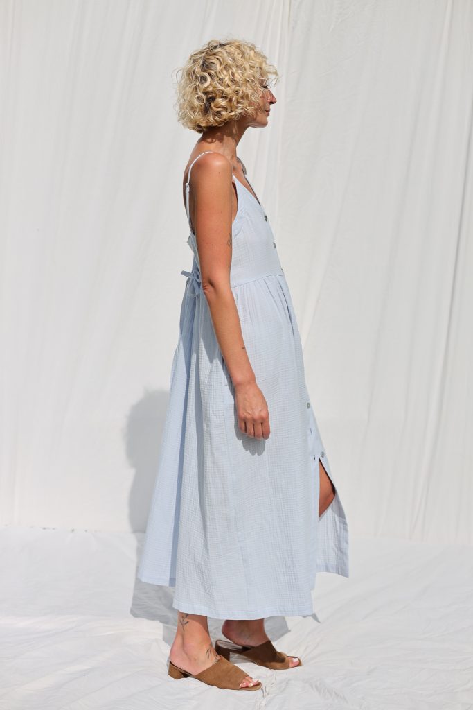 Adjustable Straps Double Gauze Cotton Dress in Country Air Blue Color