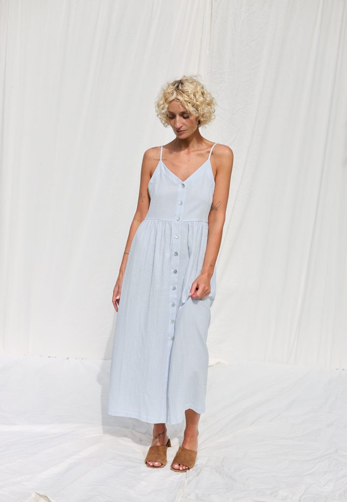 Adjustable Straps Double Gauze Cotton Dress in Country Air Blue Color