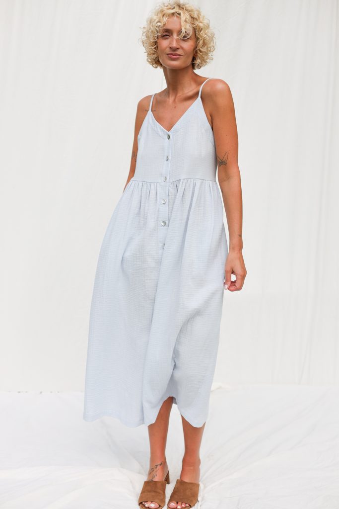Adjustable Straps Double Gauze Cotton Dress in Country Air Blue Color