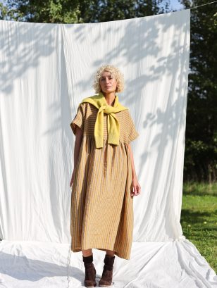 Oversized Linen Dress SILVINA in Mustard and Ocean Blue Stripes | Dress | Sustainable clothing | OffOn clothing