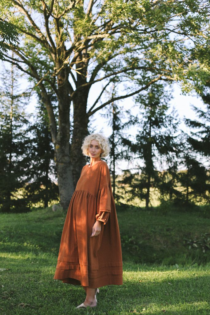Oversized Caramel Double Gauze Dress with Pleated Details