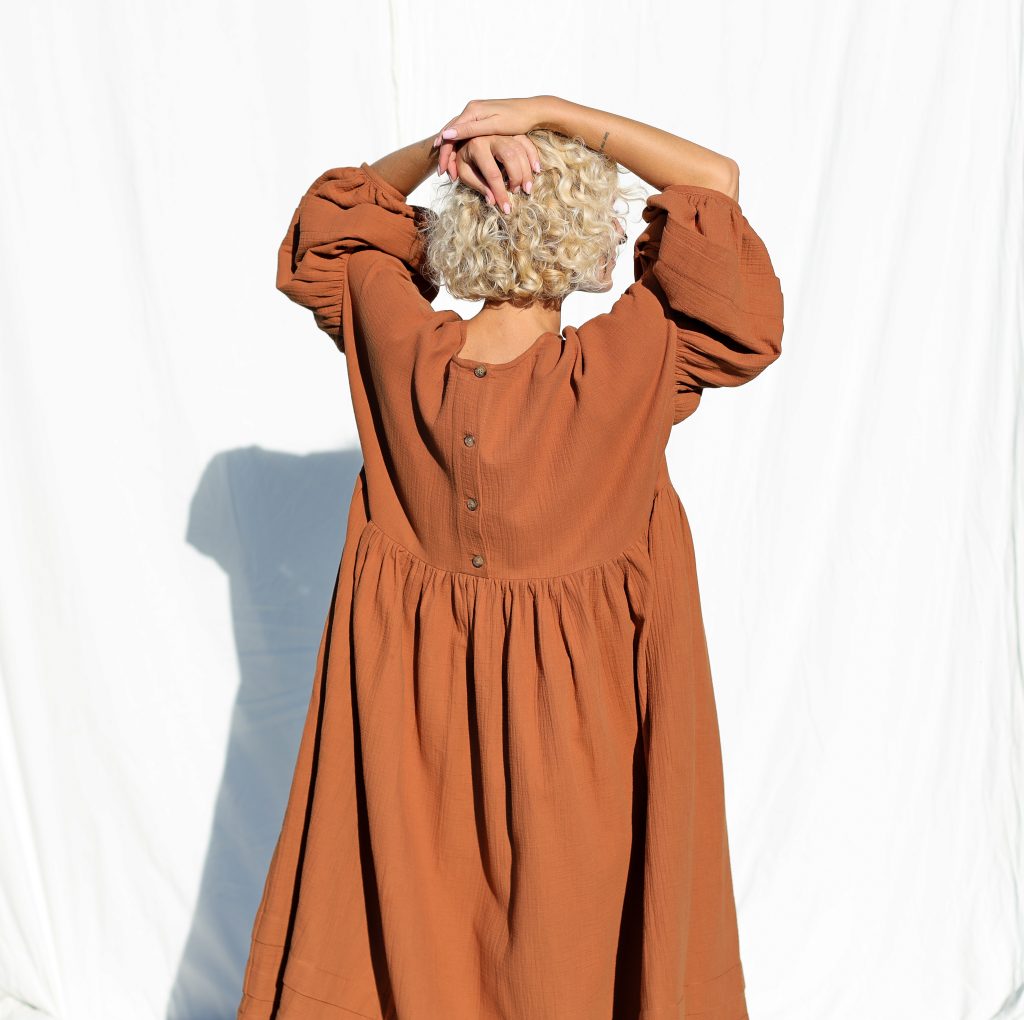 Oversized Caramel Double Gauze Dress with Pleated Details