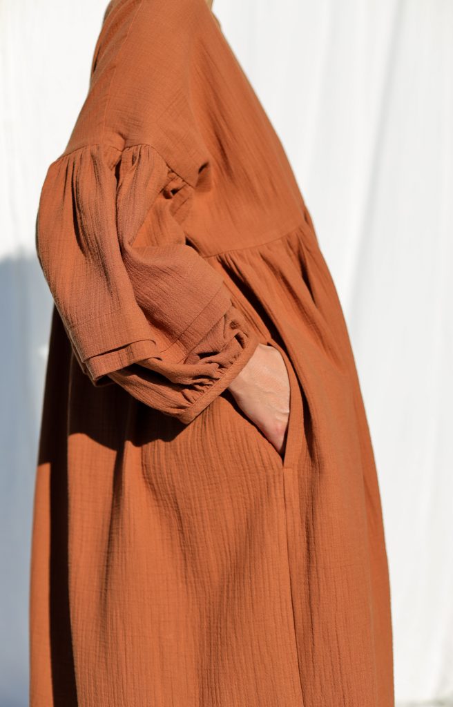 Oversized Caramel Double Gauze Dress with Pleated Details