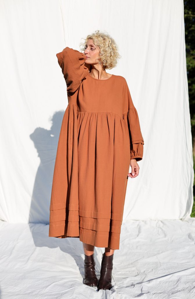 Oversized Caramel Double Gauze Dress with Pleated Details