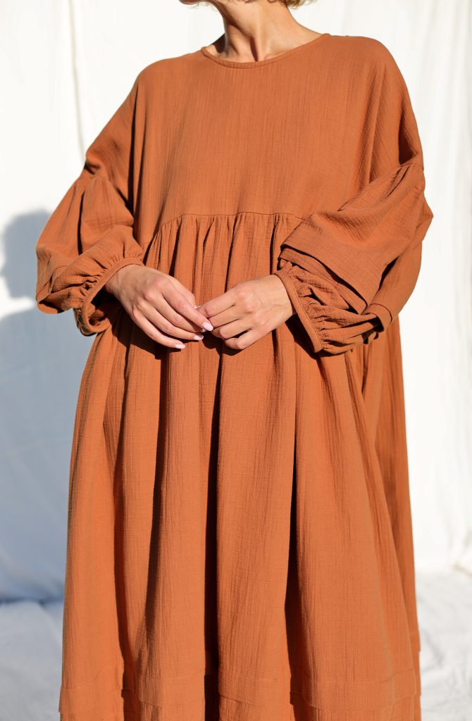 Oversized Caramel Double Gauze Dress with Pleated Details