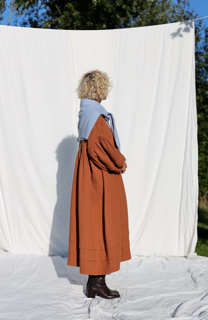 Oversized Caramel Double Gauze Dress with Pleated Details
