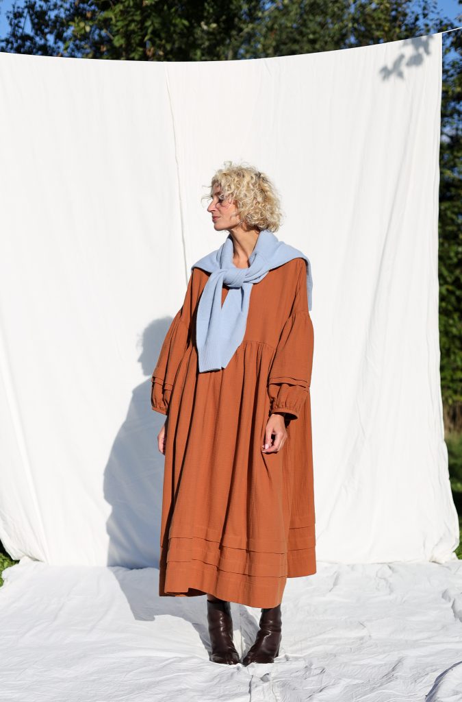 Oversized Caramel Double Gauze Dress with Pleated Details