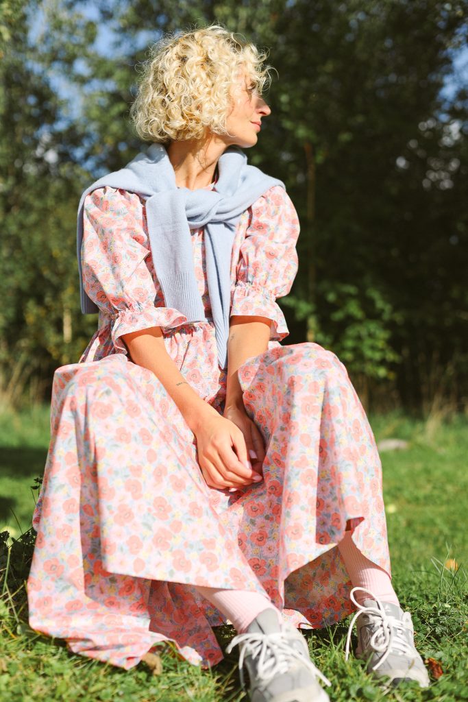 Floral Puffy Sleeves Silky Tana Lawn Cotton Dress NINA