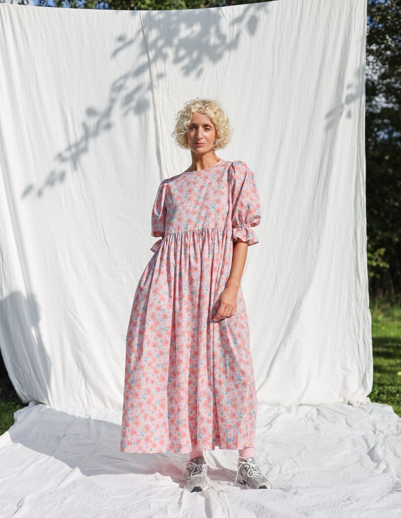 Floral Puffy Sleeves Silky Tana Lawn Cotton Dress NINA