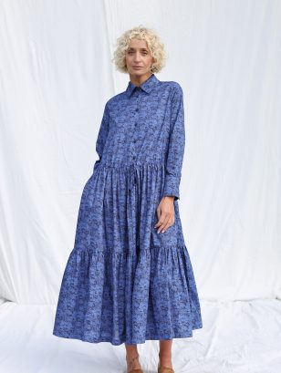 Blue Floral Tana Lawn Drawstring Waist Dress JEMMA | Dress | Sustainable clothing | OffOn clothing