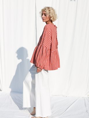Gingham Double Gauze Dropped Shoulders Peplum Blouse EVE | Blouse | Sustainable clothing | OffOn clothing