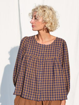 Double gauze gingham puffy sleeves blouse | Top | Sustainable clothing | OffOn clothing