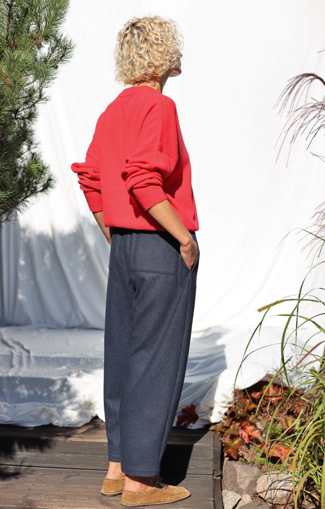 Navy Blue Herringbone Wool-Blend Balloon Style Trousers VIVIAN