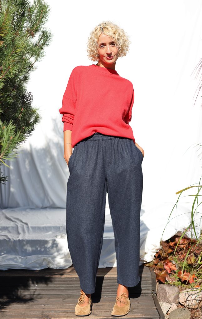 Navy Blue Herringbone Wool-Blend Balloon Style Trousers VIVIAN