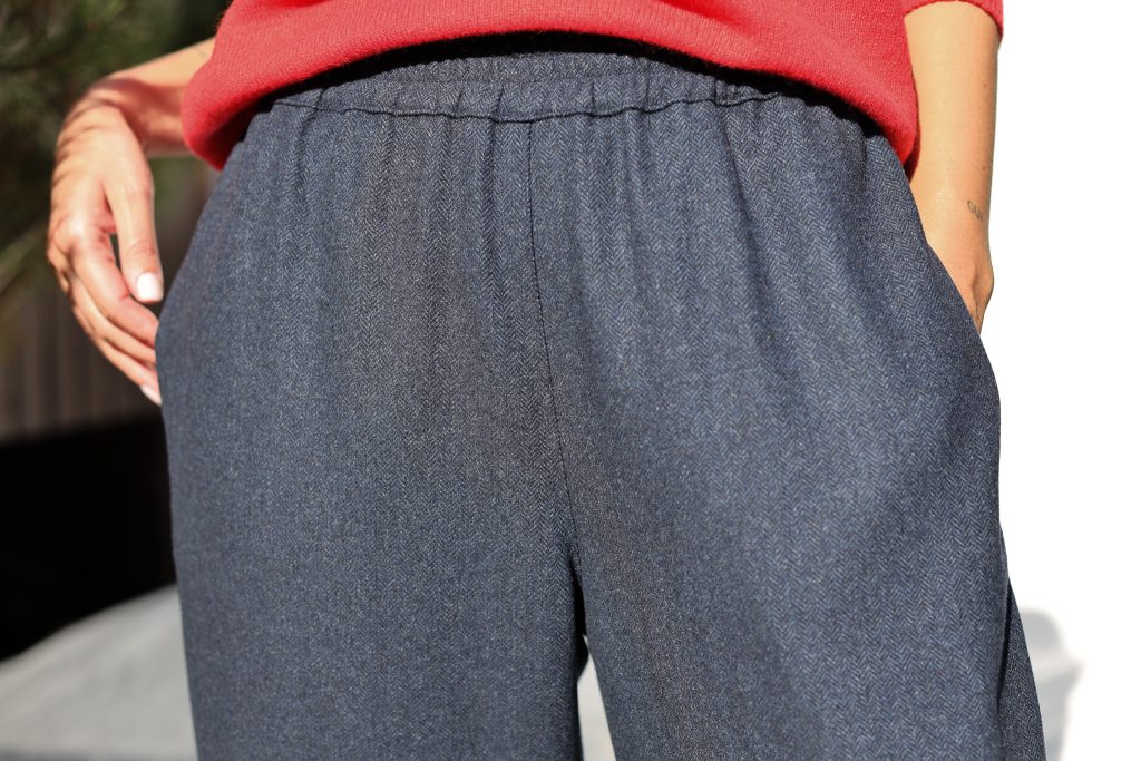Navy Blue Herringbone Wool-Blend Balloon Style Trousers VIVIAN
